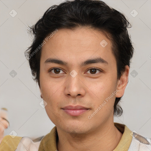 Neutral latino young-adult male with short  brown hair and brown eyes