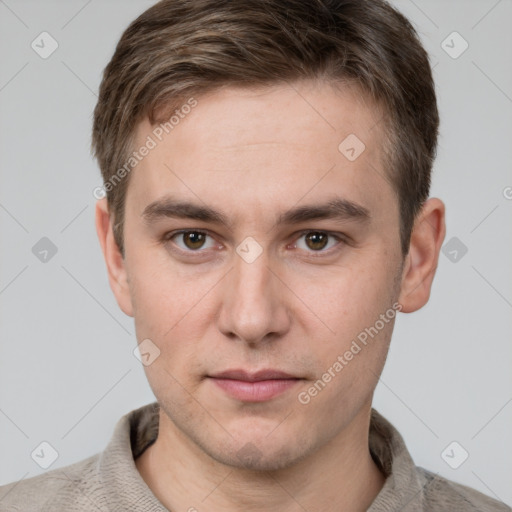 Neutral white young-adult male with short  brown hair and grey eyes