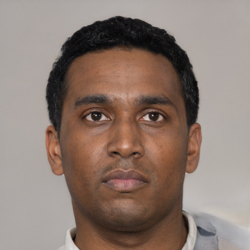 Neutral black young-adult male with short  black hair and brown eyes