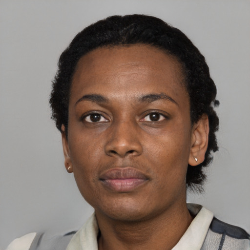 Neutral black young-adult female with short  black hair and brown eyes