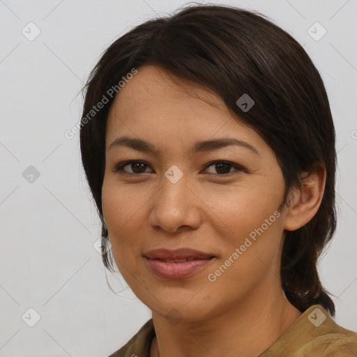 Joyful asian young-adult female with medium  brown hair and brown eyes