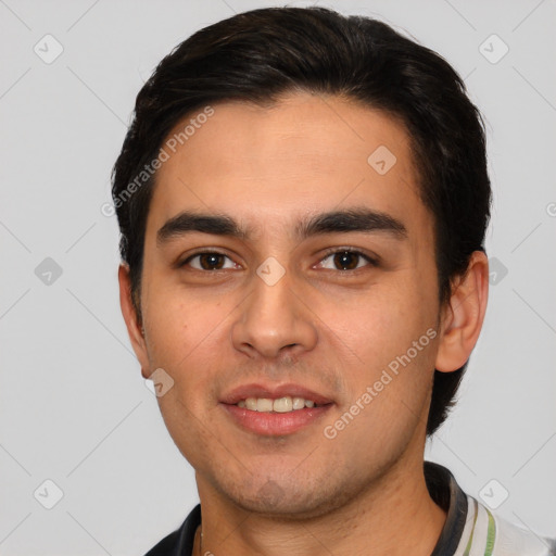 Joyful white young-adult male with short  brown hair and brown eyes