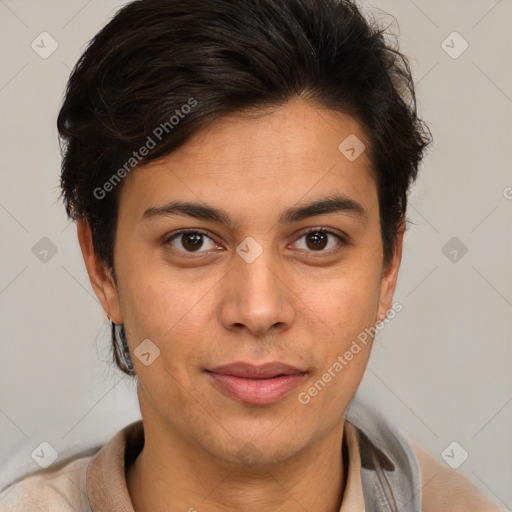 Joyful latino young-adult female with short  brown hair and brown eyes