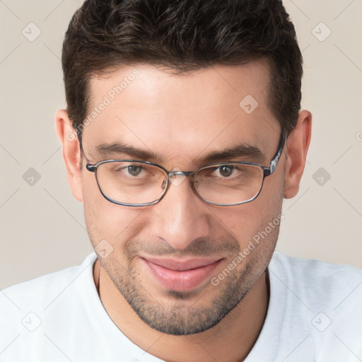 Joyful white young-adult male with short  brown hair and brown eyes