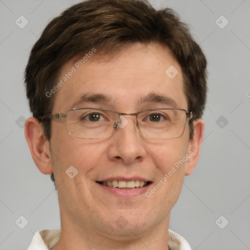 Joyful white adult male with short  brown hair and grey eyes