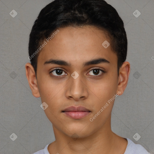 Neutral latino young-adult male with short  brown hair and brown eyes