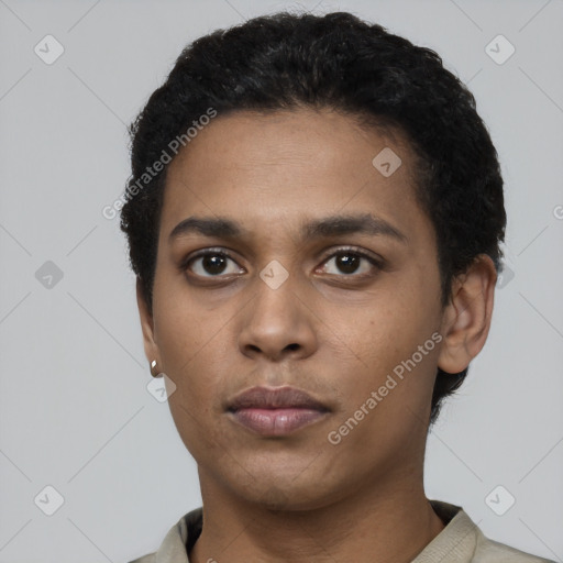 Neutral black young-adult male with short  black hair and brown eyes