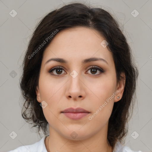 Neutral asian young-adult female with medium  brown hair and brown eyes