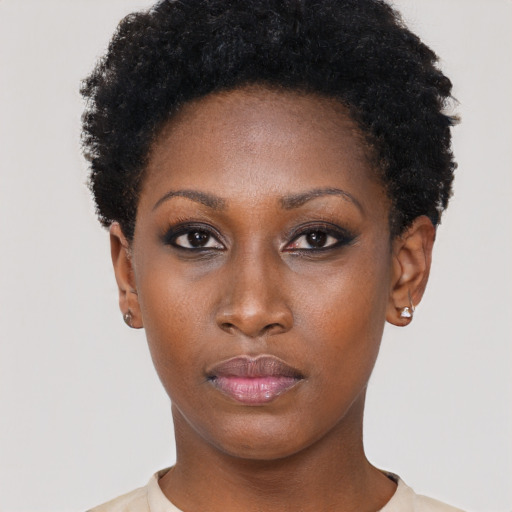 Neutral black young-adult female with short  black hair and brown eyes