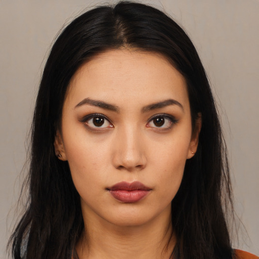 Neutral asian young-adult female with long  black hair and brown eyes