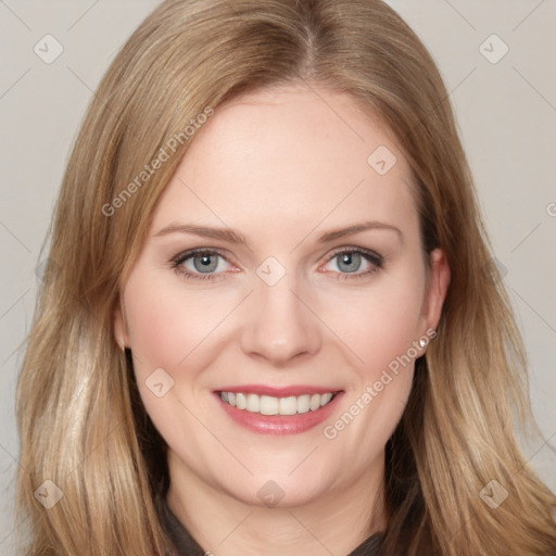 Joyful white young-adult female with long  brown hair and grey eyes