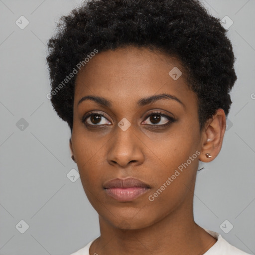 Neutral black young-adult female with short  black hair and brown eyes