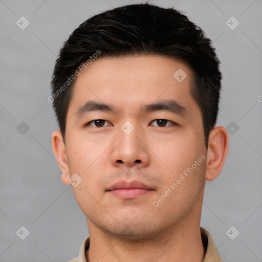 Neutral asian young-adult male with short  black hair and brown eyes