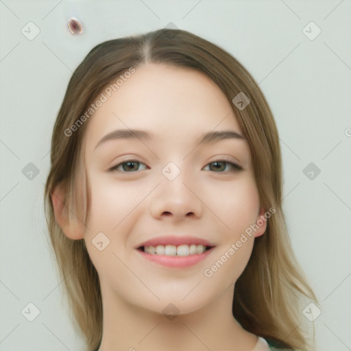 Joyful white young-adult female with medium  brown hair and blue eyes