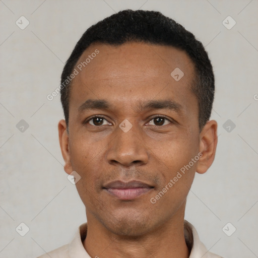 Neutral latino adult male with short  black hair and brown eyes