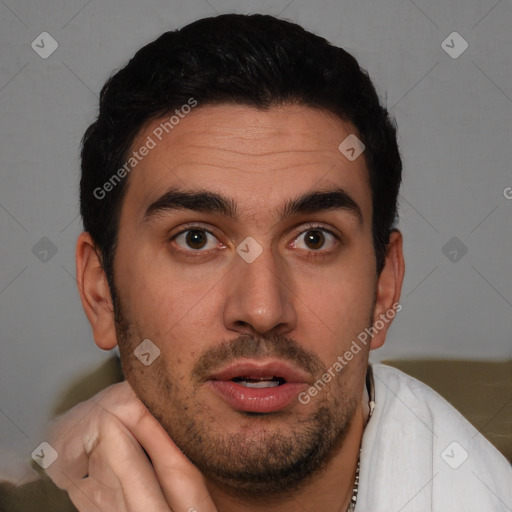 Joyful white adult male with short  brown hair and brown eyes