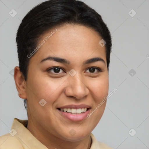 Joyful latino young-adult female with short  brown hair and brown eyes