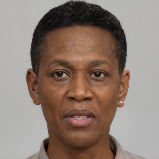 Neutral black adult male with short  black hair and brown eyes
