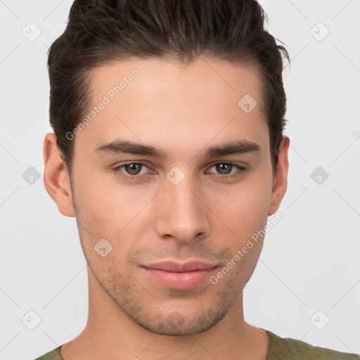 Neutral white young-adult male with short  brown hair and brown eyes