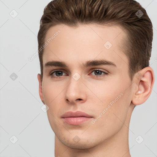 Neutral white young-adult male with short  brown hair and brown eyes