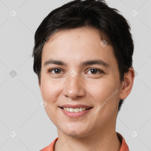 Joyful white young-adult female with short  brown hair and brown eyes