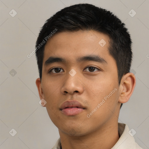 Neutral asian young-adult male with short  black hair and brown eyes