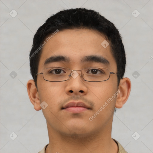 Neutral asian young-adult male with short  black hair and brown eyes
