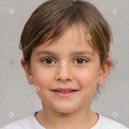 Joyful white child female with medium  brown hair and brown eyes