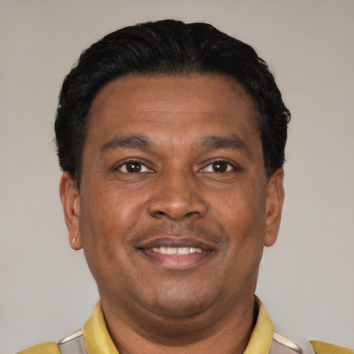 Joyful latino adult male with short  black hair and brown eyes
