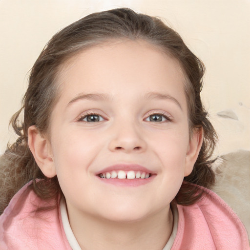 Joyful white child female with medium  brown hair and blue eyes