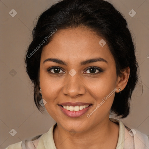 Joyful latino young-adult female with medium  brown hair and brown eyes