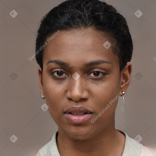 Neutral black young-adult female with short  black hair and brown eyes