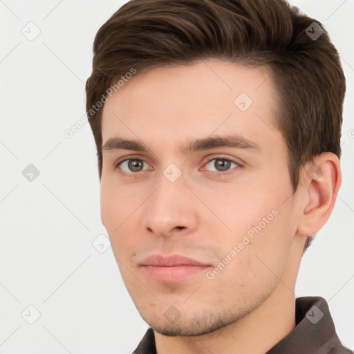 Neutral white young-adult male with short  brown hair and brown eyes