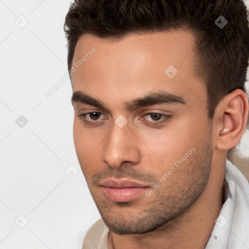 Neutral white young-adult male with short  brown hair and brown eyes