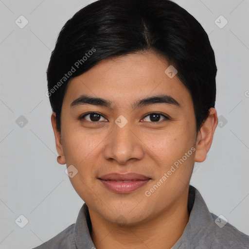 Joyful asian young-adult male with short  black hair and brown eyes