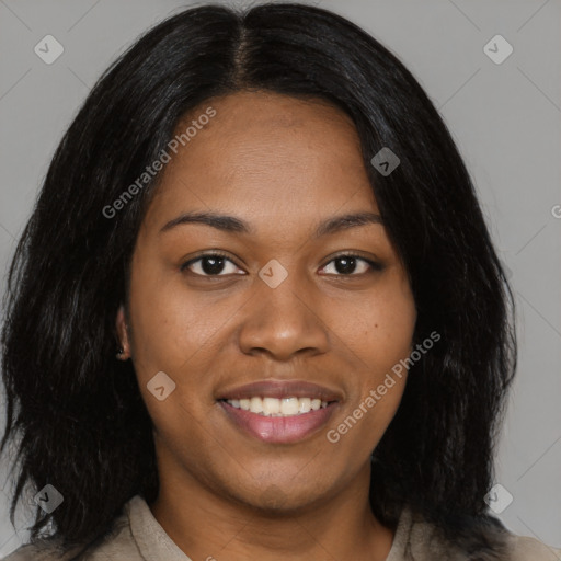 Joyful black young-adult female with medium  black hair and brown eyes