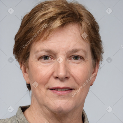 Joyful white middle-aged female with short  brown hair and grey eyes