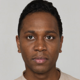 Neutral black young-adult male with short  black hair and brown eyes