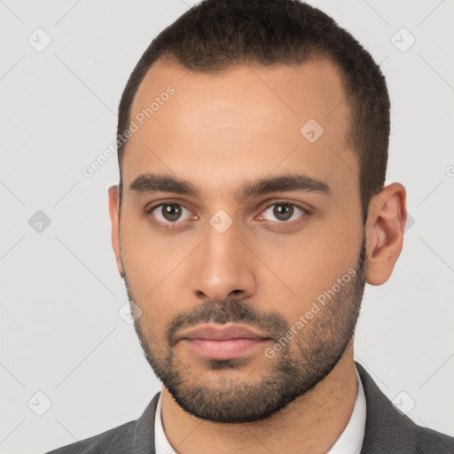 Neutral latino young-adult male with short  black hair and brown eyes