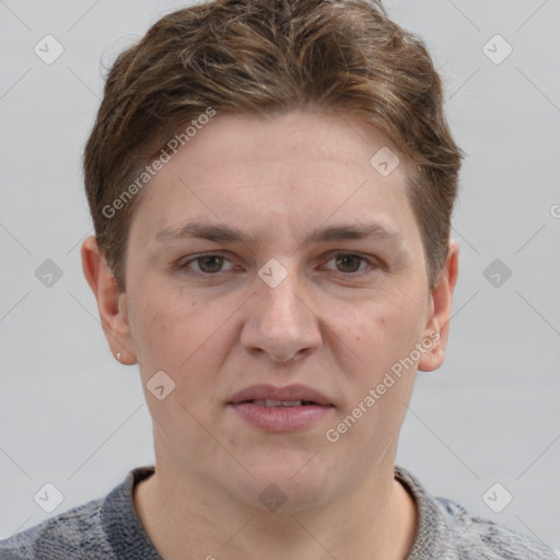 Joyful white young-adult female with short  brown hair and grey eyes