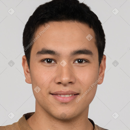 Joyful latino young-adult male with short  black hair and brown eyes