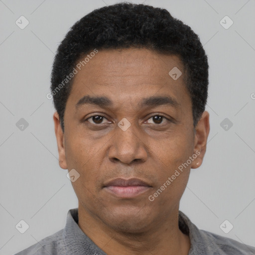 Neutral latino adult male with short  black hair and brown eyes
