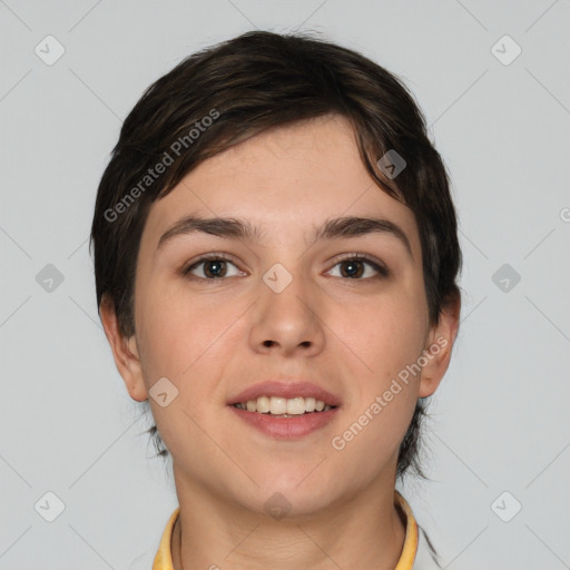 Joyful white young-adult female with short  brown hair and brown eyes