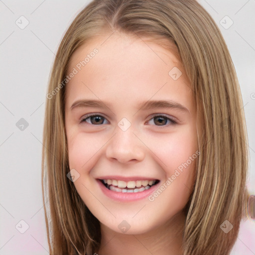 Joyful white child female with long  brown hair and brown eyes