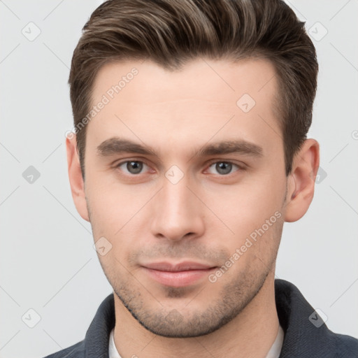 Neutral white young-adult male with short  brown hair and brown eyes