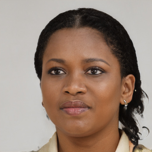 Joyful black young-adult female with short  black hair and brown eyes