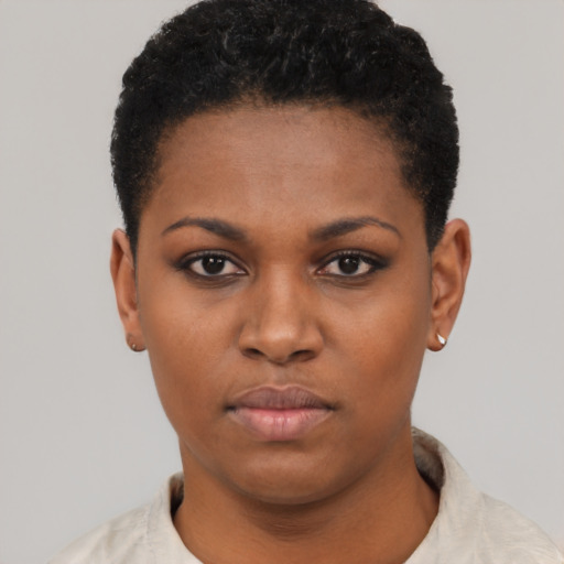 Neutral black young-adult female with short  black hair and brown eyes