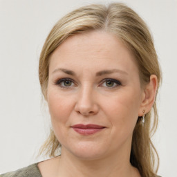 Joyful white adult female with medium  brown hair and grey eyes