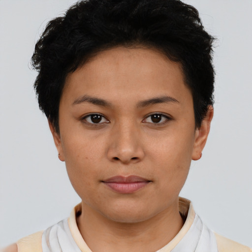 Neutral latino young-adult female with short  black hair and brown eyes