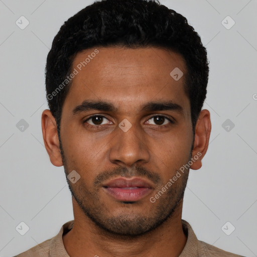 Neutral latino young-adult male with short  black hair and brown eyes